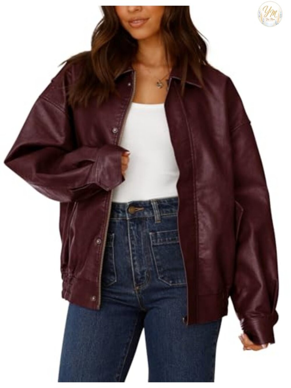 Women's Faux Leather Motorcycle Jacket Oversized Zip Up Biker Coat Long Sleeve